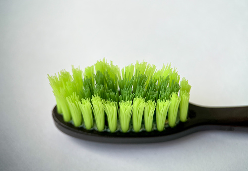Green toothbrush bristles close up in macro.