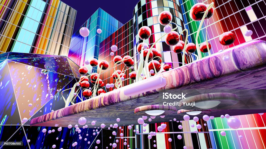Electrons and quantum of information swarming on smartphones against the backdrop of colorful office buildings. Smartphones of the future to handle ever-increasing amounts of information Photon Stock Photo