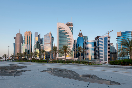 The Panoramic skyline of Doha, Qatar during sunrise