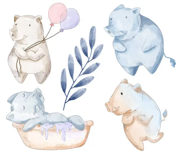 Vector illustration of watercolor set of lovely pig in difference action