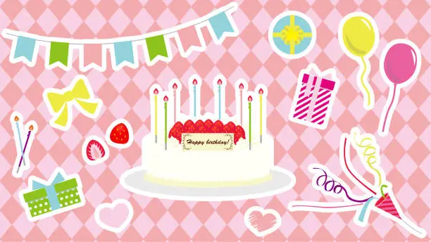 Vector illustration of This is a set of illustrations of birthday items.　White edge