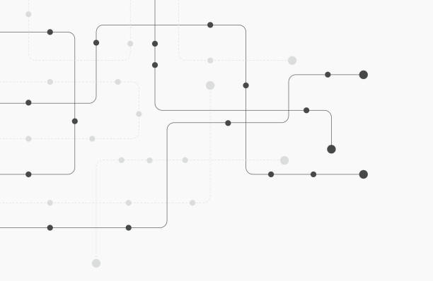 ilustraciones, imágenes clip art, dibujos animados e iconos de stock de circuito de conexión de líneas y puntos. tecnología de red y concepto de conexión. conexiones de nodos de red descentralizadas - vector pattern striped internet