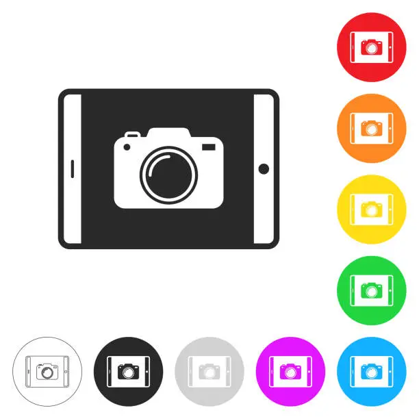 Vector illustration of Tablet PC with camera. Icon on colorful buttons