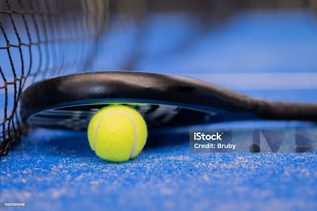 Close up padel or tennis racket and ball Padel Stock Photo