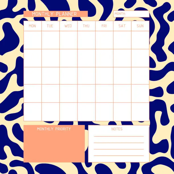 Vector illustration of Monthly planner template. Calendar.