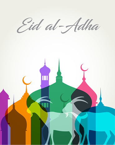 Colourful overlapping silhouettes of Mosques for Eid al-Adha. Ramadan,, Eid-Ul-Fitr, Islam, Fasting - Activity, Allah, Iftar, Muhammad - Prophet, Religion, Arabic Culture, Arabic, Eid al-Adha, goat