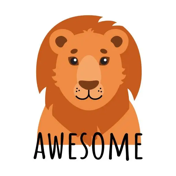 Vector illustration of Cute cartoon lion. African lion face with 'Awesome' text in flat style. Vector illustration.