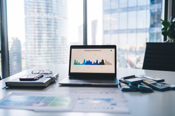 istock Creative workplace of trader in modern office with laptop and documents on table 1407097876