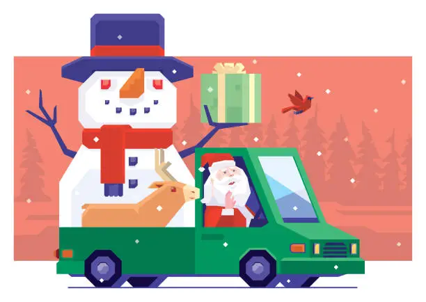 Vector illustration of Santa Claus driving van with snowman and reindeer