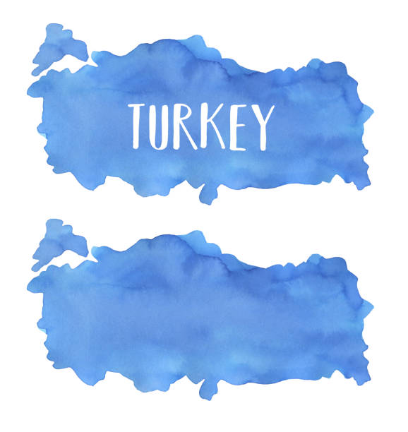 Watercolour illustration set of Turkey country Map in sky blue color. Hand painted water colour drawing on white backdrop, cut out clip art element for design decoration, postcard, banner, print. map of turkey nevsehir stock illustrations