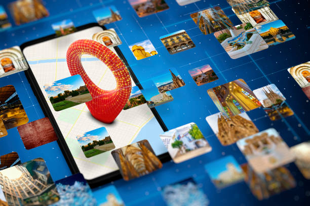 digital work of Location point with small fampus places photos on mobile phone