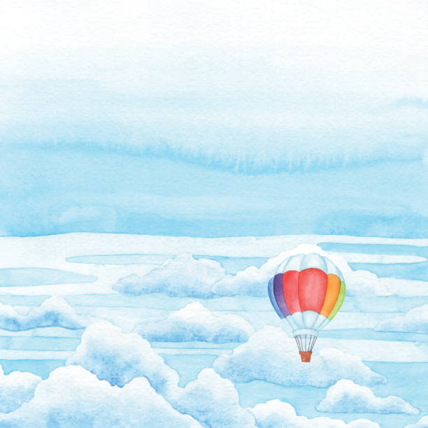ilustraciones, imágenes clip art, dibujos animados e iconos de stock de acuarela cielo azul y fondo de globo aerostático - sky only illustrations