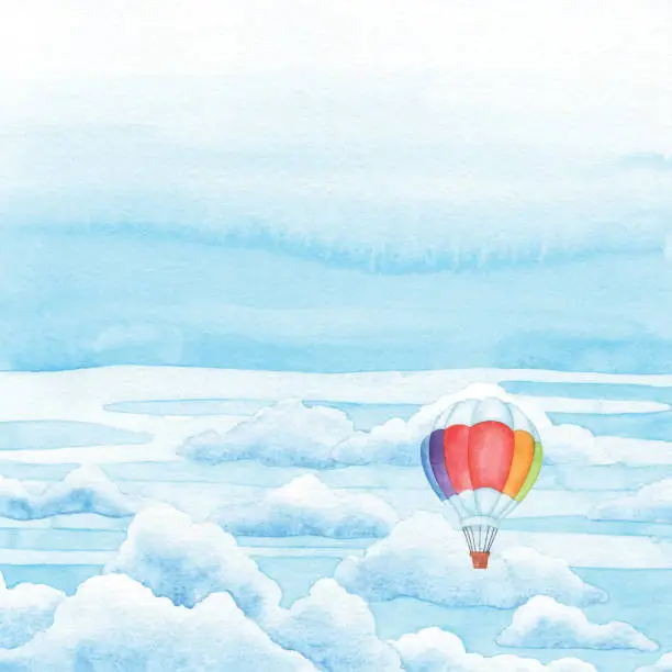 Vector illustration of Watercolor Blue Sky and Hot Air Balloon Background