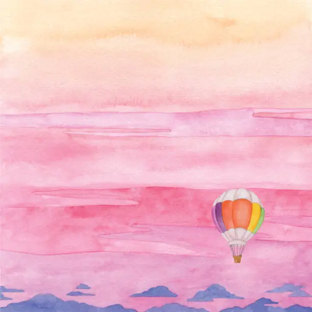 Vector illustration of Watercolor Hot Air Balloon and Sunset Background