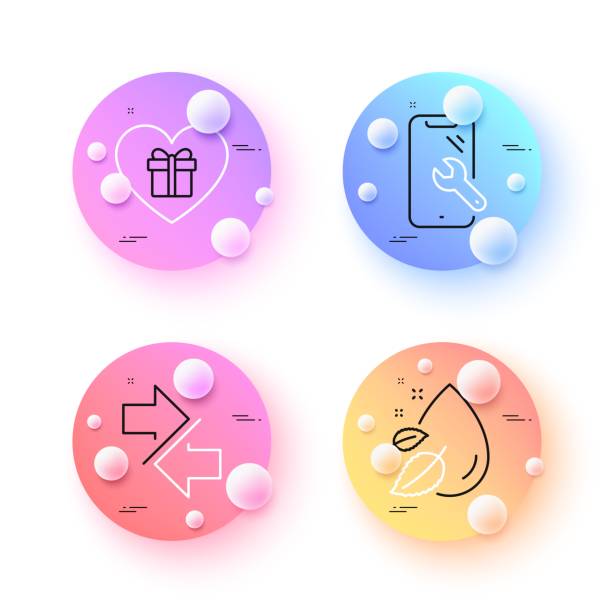 Romantic gift, Smartphone repair and Synchronize minimal line icons. For web application, printing. Vector Romantic gift, Smartphone repair and Synchronize minimal line icons. 3d spheres or balls buttons. Water drop icons. For web, application, printing. Vector synchronize stock illustrations