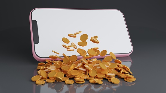 Smartphone with blank display and coins stack, digital wallet. Shopping mobile app, gold arrows coinsCashback and banking,money-saving. Mock up empty screen copy space,Isolate background. 3D render