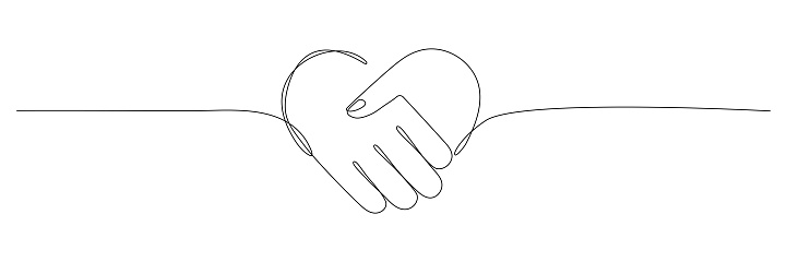 Heart handshake continuous line drawing. Love shaking hands. Business deal linear symbol. Vector illustration isolated on white.