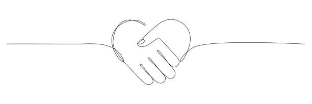 Heart handshake continuous line drawing. Heart handshake continuous line drawing. Love shaking hands. Business deal linear symbol. Vector illustration isolated on white. business handshake partnership human hand stock illustrations