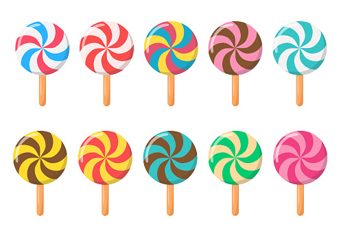 Set of lollipops in various different color isolated on white background.