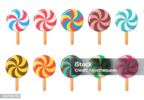 istock Set of lollipops in various different color isolated on white background. 1407106784