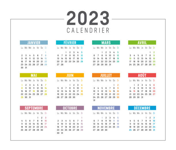 Year 2023 French calendar Colorful year 2023 calendar, in French language isolated on white background. Vector template. french language stock illustrations