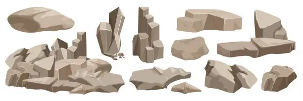 Vector illustration of Rocks and stones set, piles of natural boulders, small and big granite blocks and pebbles