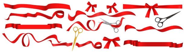illustrations, cliparts, dessins animés et icônes de ensemble de ruban rouge satiné, ruban réaliste avec nœud et nœud, ciseaux coupés ruban de soie brillant - cérémonie douverture