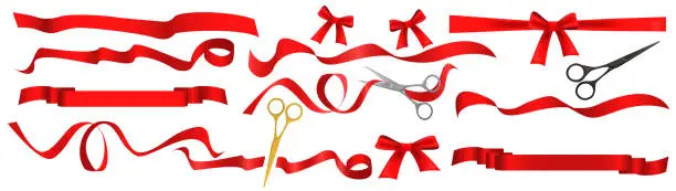 Vector illustration of Satin red ribbon set, realistic ribbon with bow and knot, scissors cut shiny silk tape