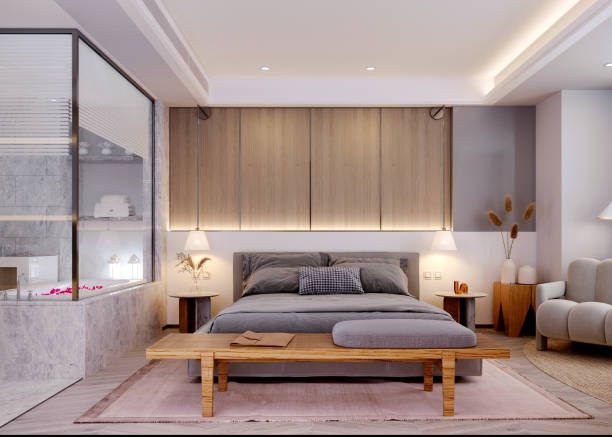 istock 3d rendering,3d illustration, Interior Scene and  Mockup,bedroom interior 3d render,headboard decorated with wood. 1407107674
