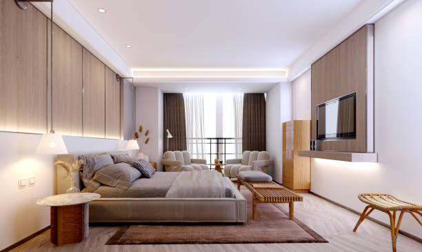 istock 3d rendering,3d illustration, Interior Scene and  Mockup,bedroom interior 3d render,headboard decorated with wood. 1407107675
