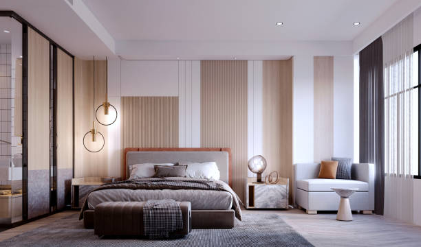 istock 3d rendering,3d illustration, Interior Scene and  Mockup,bedroom interior 3d render,headboard decorated with wood. 1407107712