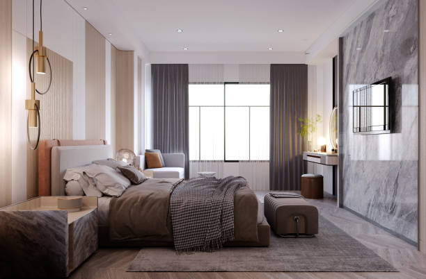 istock 3d rendering,3d illustration, Interior Scene and  Mockup,bedroom interior 3d render,headboard decorated with wood. 1407107724