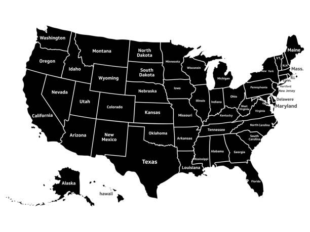 州の名前とアメリカ合衆国の地図 - washington state state map outline点のイラスト素材／クリップアート素材／マンガ素材／アイコン素材