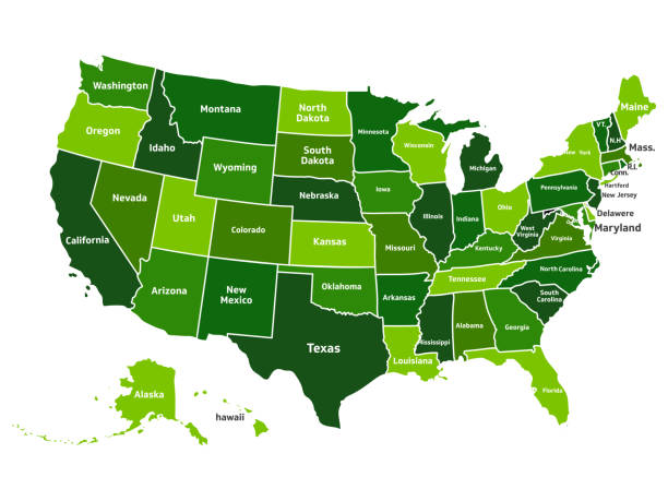 karte der vereinigten staaten von amerika mit den namen der staaten - washington state state map outline stock-grafiken, -clipart, -cartoons und -symbole