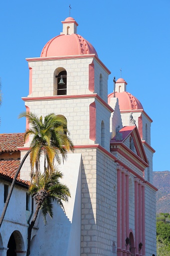 Santa Barbara Mission, California, USA. The Roman Catholic landmark is registered as U.S. National Historic Landmark.