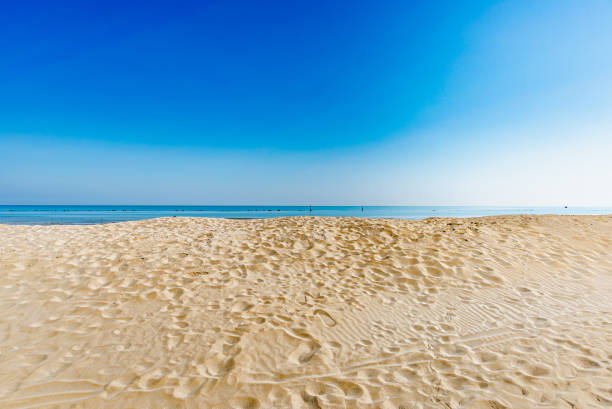 View of the Adriatic Sea from the sandy beach in Pesaro, Italy stock photo
