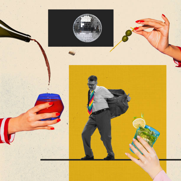 istock Contemporary art collage. Creative design. Businessman visiting party, celebration. Drinking delicious alcohol cocktails 1407110590