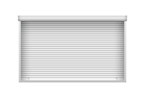 Roller shutter door for metal gate. Closed roller garage door mockup for interior decoration design. Metal industrial rolling shutter. Roller shutter door for metal gate. Closed roller garage door mockup for interior decoration design. Metal industrial rolling shutter isolated on white background roll a door stock illustrations