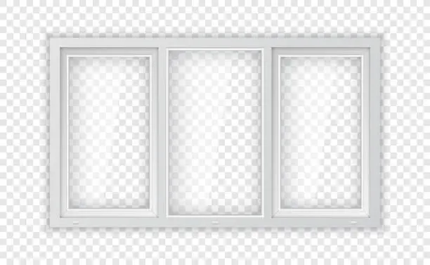 Vector illustration of Large triple plastic window. Realistic plastic window mockup template. White windowpane frame and clear pane for outdoor interior design.