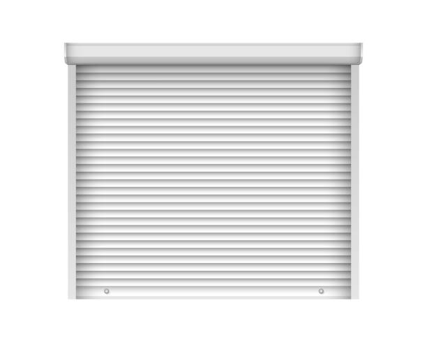 istock Realistic white shutter door for metal gate. Metal industrial rolling shutter mockup template. Closed roller garage door isolated on white background 1407111978