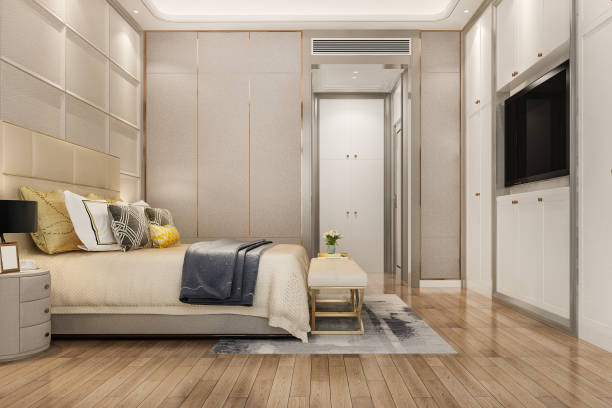 istock 3d rendering beautiful comtemporary luxury bedroom suite in hotel with tv 1407112046