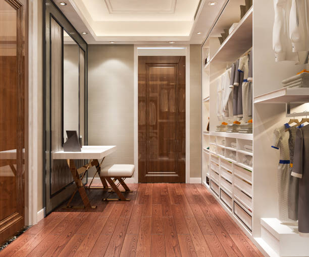 3d rendering luxury scandinavian wood walk in closet with wardrobe and make up table - 3500 imagens e fotografias de stock