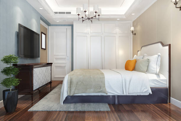 istock 3d rendering beautiful comtemporary luxury bedroom suite in hotel with tv 1407112052