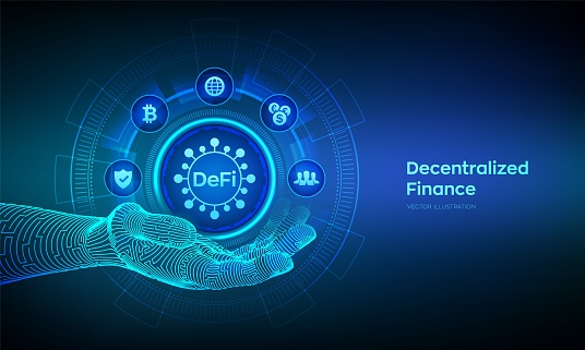 DeFi. Decentralized Finance icon in robotic hand. Blockchain, decentralized financial system. Business technology concept on virtual screen. Vector illustration