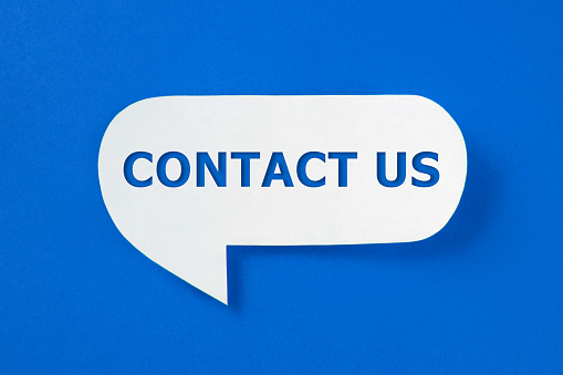 Speech bubble with contact us text on blue background