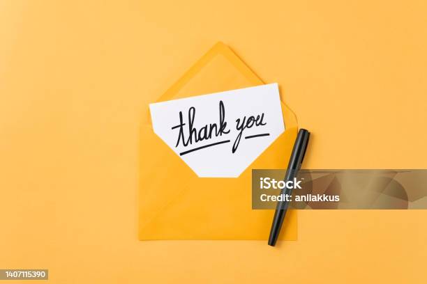 Thank You Message And Yellow Envelope Stock Photo - Download Image Now - Thank You - Phrase, Letter - Document, Note - Message