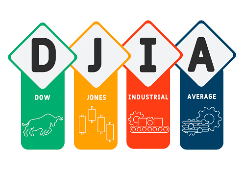 DJIA - Dow Jones Industrial Average acronym. business concept background. vector illustration concept with keywords and icons. lettering illustration with icons for web banner, flyer, landing pag