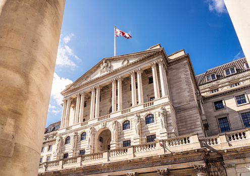 The imposing neo-classical facade of the Bank of England's headquarters building on Threadneedle Street in the City of London.