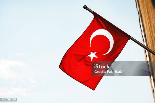 Clear Sky And Waving Turkish Flag Close Up Stock Photo - Download Image Now - Backgrounds, Banner - Sign, Blue