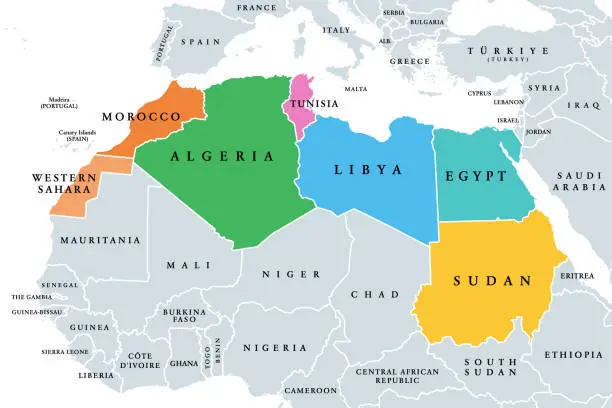 Vector illustration of Northern Africa, subregion, political map with single countries